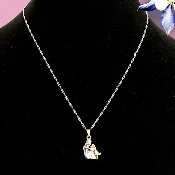 GIRL AND DOG FOR PET LOVER SILVER 925 TWO TONE SILVER/GOLD CHAIN NECKLACE - Picture 2 of 4